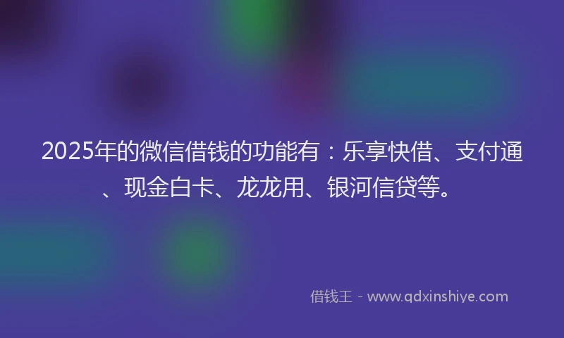 2025年的微信借钱的功能有：乐享快借、支付通、现金白卡、龙龙用、银河信贷等。