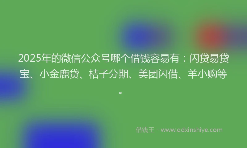2025年的微信公众号哪个借钱容易有：闪贷易贷宝、小金鹿贷、桔子分期、美团闪借、羊小购等。