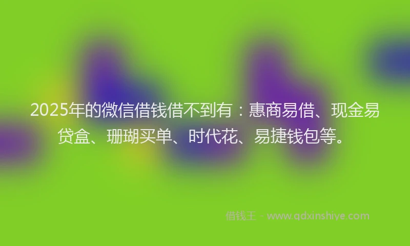2025年的微信借钱借不到有：惠商易借、现金易贷盒、珊瑚买单、时代花、易捷钱包等。