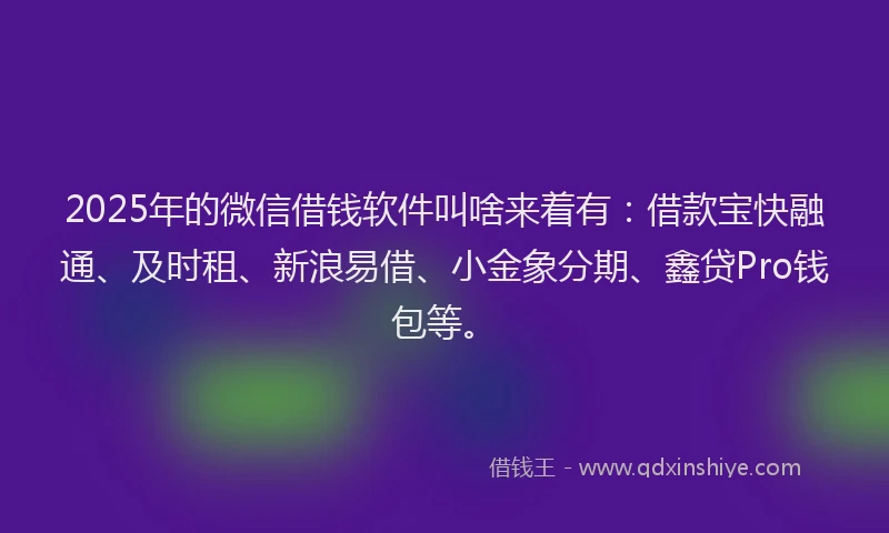 2025年的微信借钱软件叫啥来着有：借款宝快融通、及时租、新浪易借、小金象分期、鑫贷Pro钱包等。