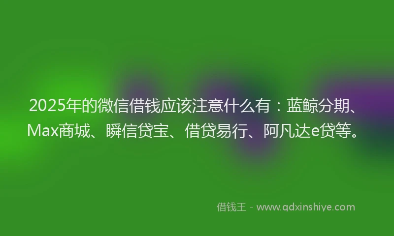 2025年的微信借钱应该注意什么有：蓝鲸分期、Max商城、瞬信贷宝、借贷易行、阿凡达e贷等。