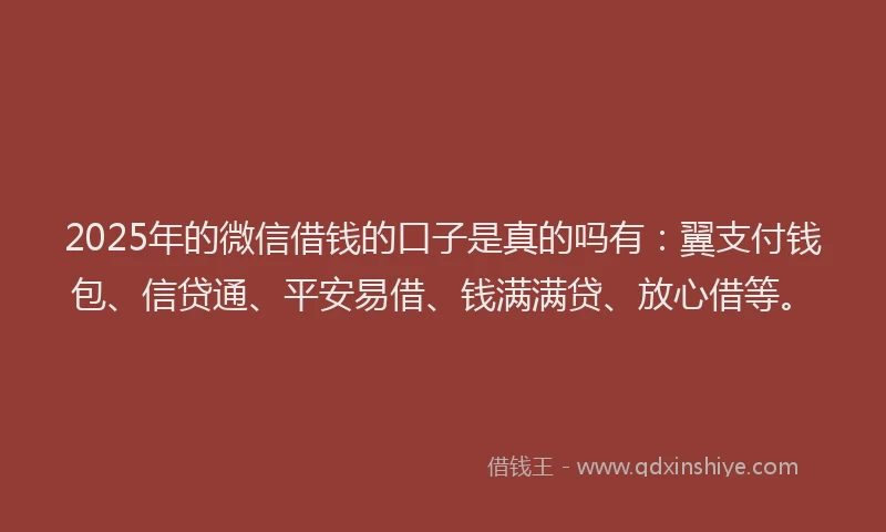 2025年的微信借钱的口子是真的吗有：翼支付钱包、信贷通、平安易借、钱满满贷、放心借等。