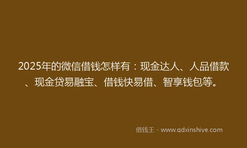 2025年的微信借钱怎样有：现金达人、人品借款、现金贷易融宝、借钱快易借、智享钱包等。