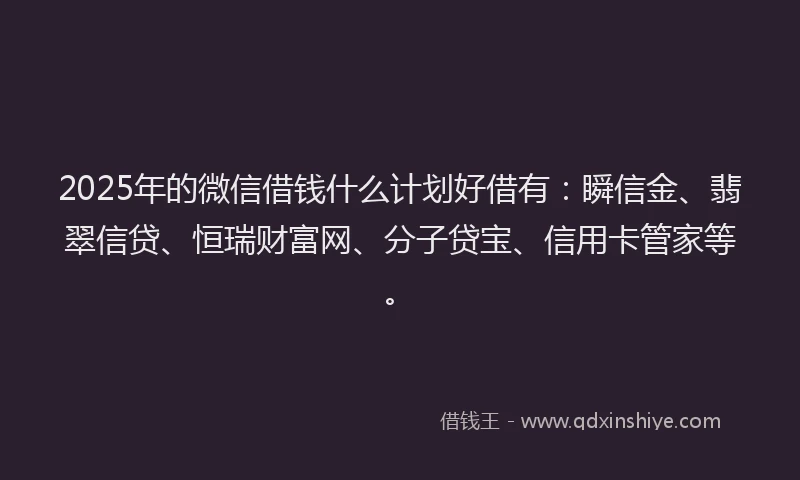 2025年的微信借钱什么计划好借有：瞬信金、翡翠信贷、恒瑞财富网、分子贷宝、信用卡管家等。