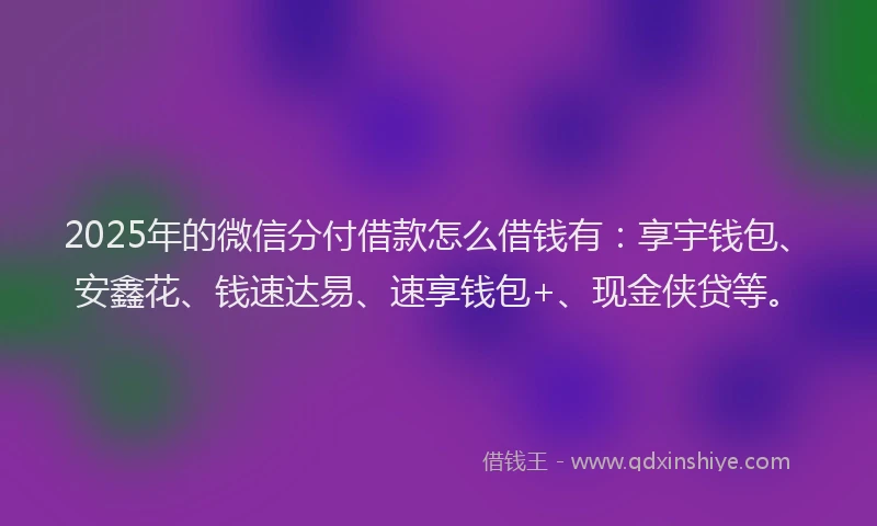 2025年的微信分付借款怎么借钱有：享宇钱包、安鑫花、钱速达易、速享钱包+、现金侠贷等。