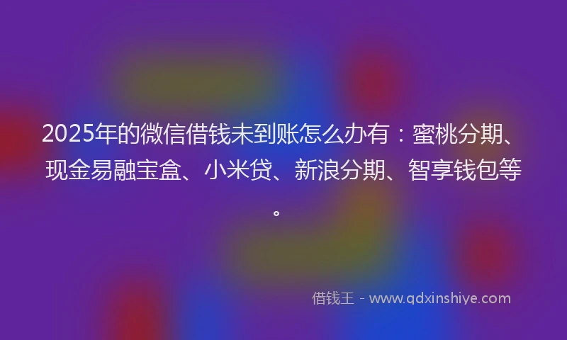 2025年的微信借钱未到账怎么办有：蜜桃分期、现金易融宝盒、小米贷、新浪分期、智享钱包等。