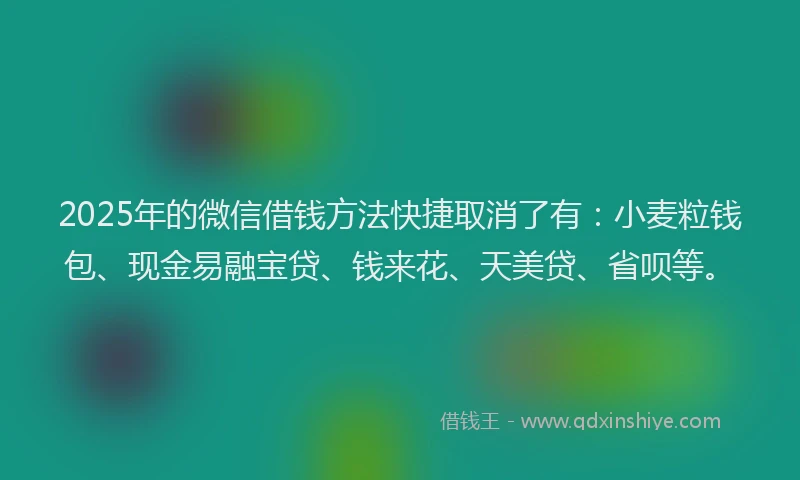2025年的微信借钱方法快捷取消了有：小麦粒钱包、现金易融宝贷、钱来花、天美贷、省呗等。