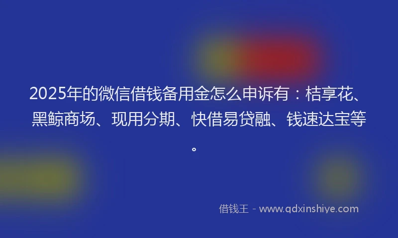 2025年的微信借钱备用金怎么申诉有：桔享花、黑鲸商场、现用分期、快借易贷融、钱速达宝等。