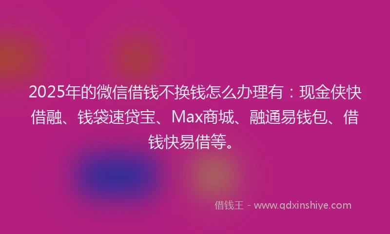 2025年的微信借钱不换钱怎么办理有：现金侠快借融、钱袋速贷宝、Max商城、融通易钱包、借钱快易借等。