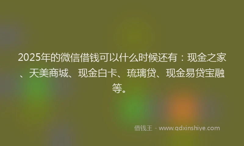 2025年的微信借钱可以什么时候还有：现金之家、天美商城、现金白卡、琉璃贷、现金易贷宝融等。