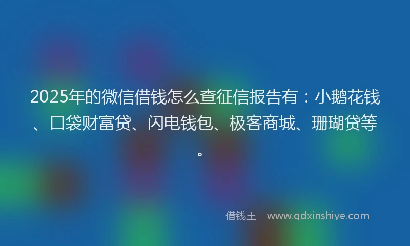 2025年的微信借钱怎么查征信报告有：小鹅花钱、口袋财富贷、闪电钱包、极客商城、珊瑚贷等。