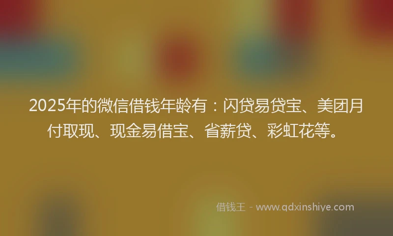 2025年的微信借钱年龄有：闪贷易贷宝、美团月付取现、现金易借宝、省薪贷、彩虹花等。