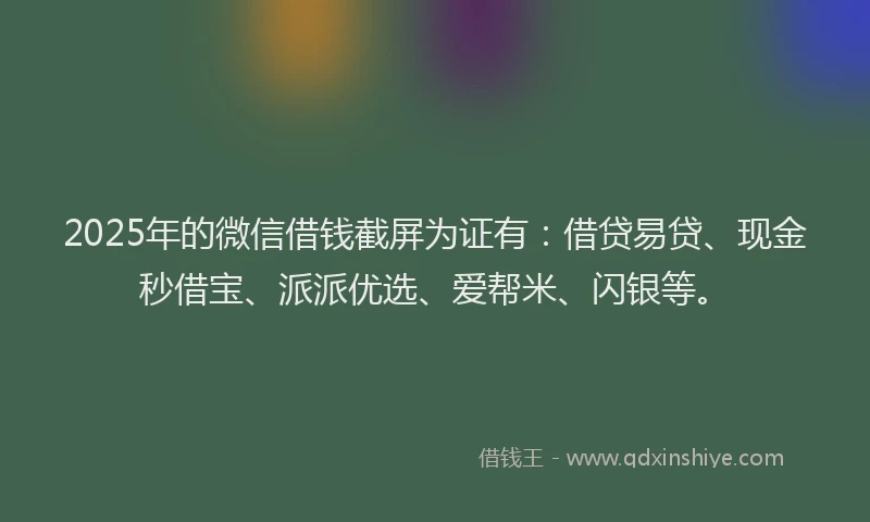 2025年的微信借钱截屏为证有：借贷易贷、现金秒借宝、派派优选、爱帮米、闪银等。