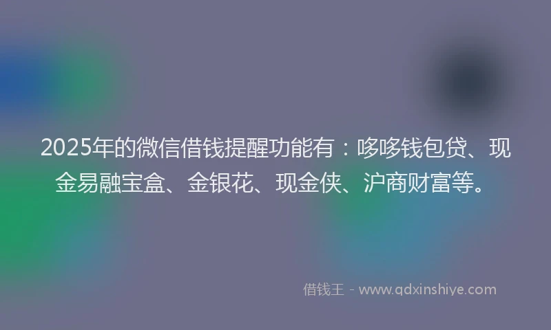 2025年的微信借钱提醒功能有：哆哆钱包贷、现金易融宝盒、金银花、现金侠、沪商财富等。
