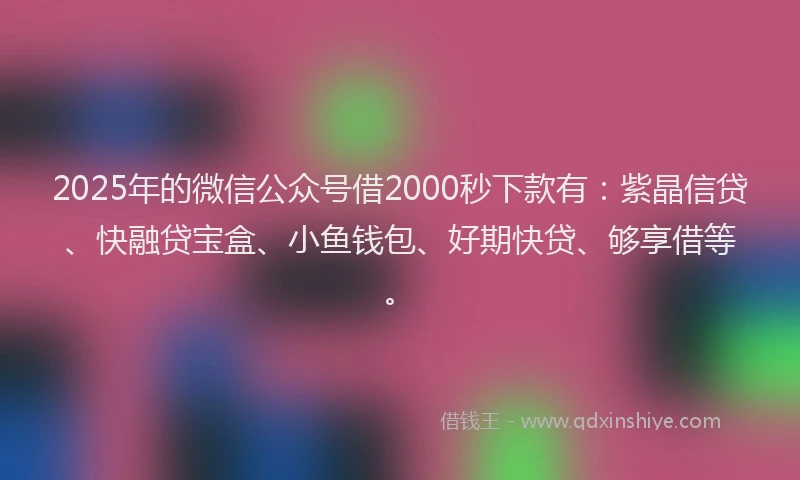 2025年的微信公众号借2000秒下款有：紫晶信贷、快融贷宝盒、小鱼钱包、好期快贷、够享借等。