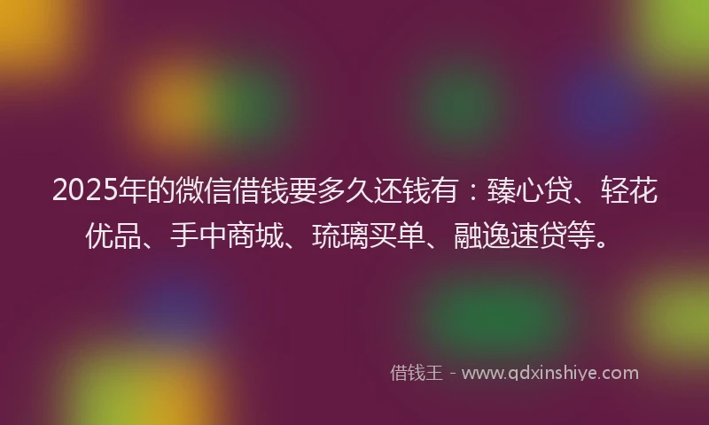 2025年的微信借钱要多久还钱有：臻心贷、轻花优品、手中商城、琉璃买单、融逸速贷等。