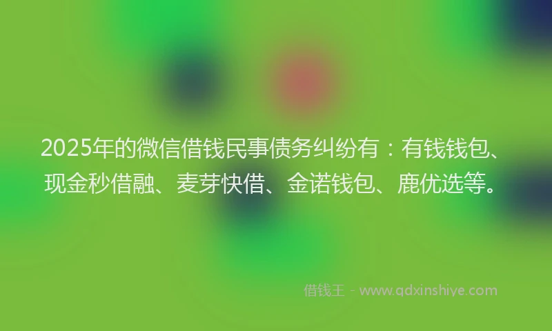 2025年的微信借钱民事债务纠纷有：有钱钱包、现金秒借融、麦芽快借、金诺钱包、鹿优选等。