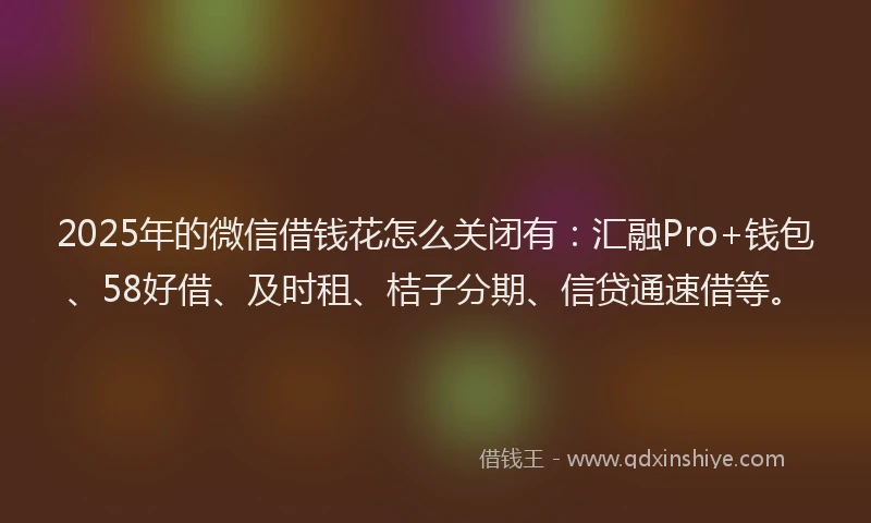 2025年的微信借钱花怎么关闭有：汇融Pro+钱包、58好借、及时租、桔子分期、信贷通速借等。