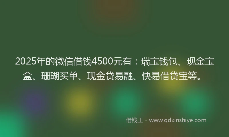 2025年的微信借钱4500元有：瑞宝钱包、现金宝盒、珊瑚买单、现金贷易融、快易借贷宝等。