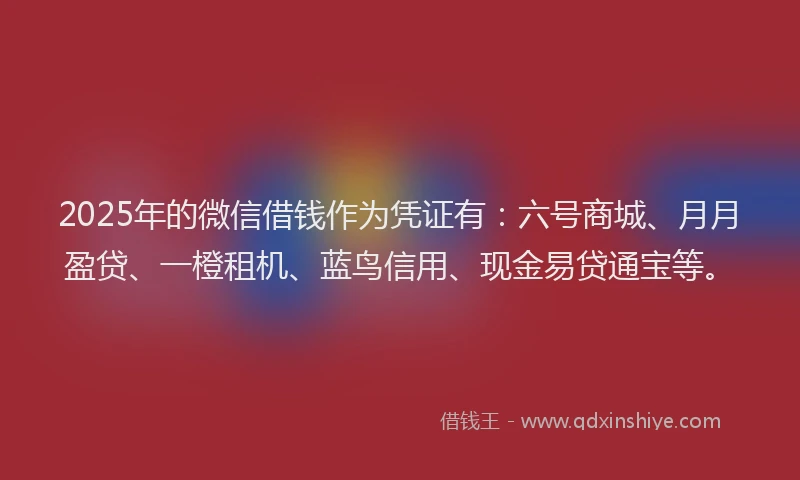 2025年的微信借钱作为凭证有：六号商城、月月盈贷、一橙租机、蓝鸟信用、现金易贷通宝等。