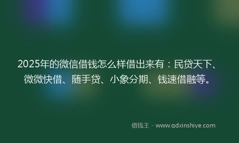 2025年的微信借钱怎么样借出来有：民贷天下、微微快借、随手贷、小象分期、钱速借融等。