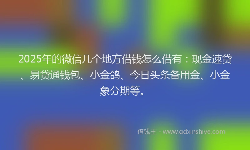 2025年的微信几个地方借钱怎么借有：现金速贷、易贷通钱包、小金鸽、今日头条备用金、小金象分期等。