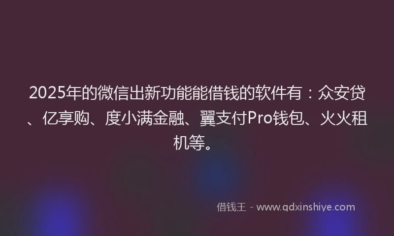 2025年的微信出新功能能借钱的软件有：众安贷、亿享购、度小满金融、翼支付Pro钱包、火火租机等。
