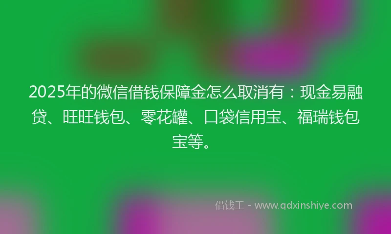 2025年的微信借钱保障金怎么取消有：现金易融贷、旺旺钱包、零花罐、口袋信用宝、福瑞钱包宝等。