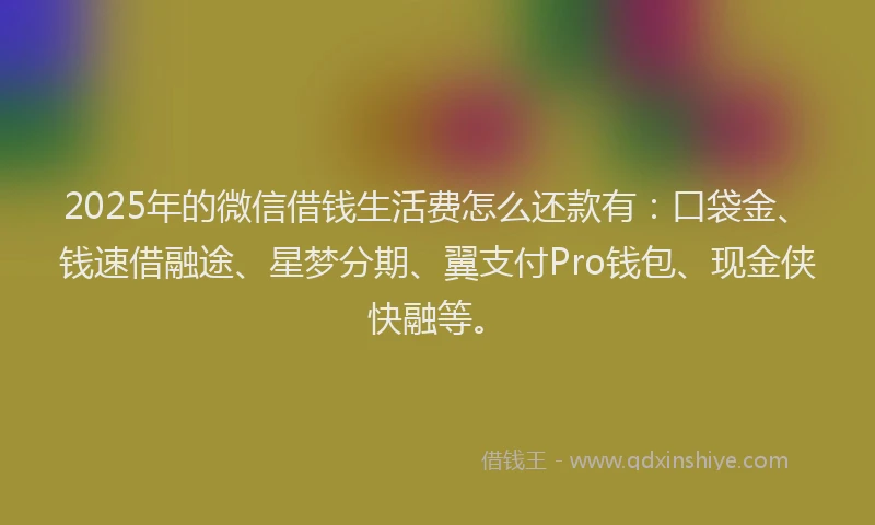 2025年的微信借钱生活费怎么还款有：口袋金、钱速借融途、星梦分期、翼支付Pro钱包、现金侠快融等。