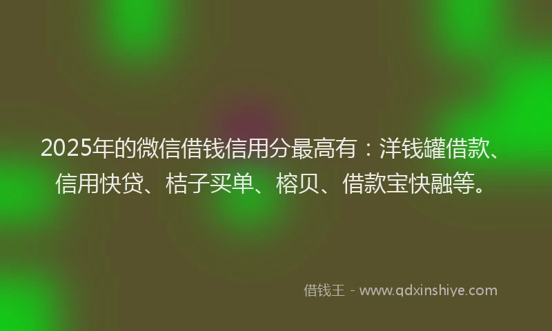 2025年的微信借钱信用分最高有：洋钱罐借款、信用快贷、桔子买单、榕贝、借款宝快融等。