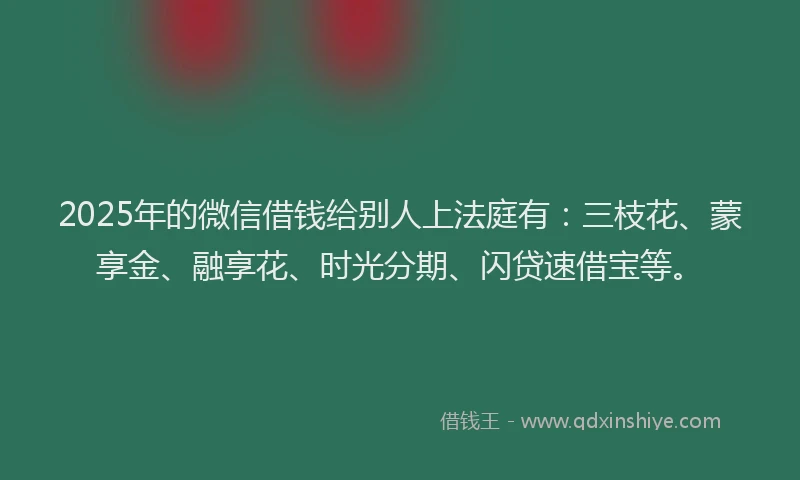 2025年的微信借钱给别人上法庭有：三枝花、蒙享金、融享花、时光分期、闪贷速借宝等。