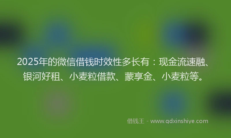 2025年的微信借钱时效性多长有：现金流速融、银河好租、小麦粒借款、蒙享金、小麦粒等。
