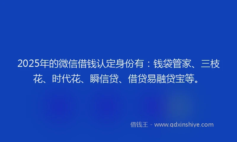 2025年的微信借钱认定身份有：钱袋管家、三枝花、时代花、瞬信贷、借贷易融贷宝等。