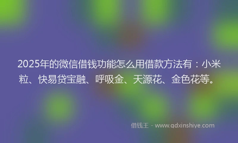 2025年的微信借钱功能怎么用借款方法有：小米粒、快易贷宝融、呼吸金、天源花、金色花等。