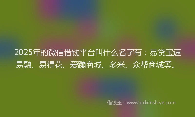 2025年的微信借钱平台叫什么名字有：易贷宝速易融、易得花、爱蹦商城、多米、众帮商城等。