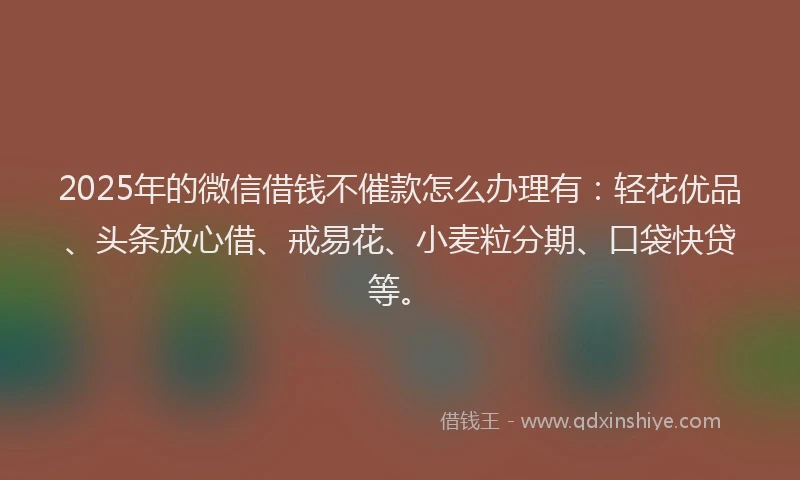 2025年的微信借钱不催款怎么办理有：轻花优品、头条放心借、戒易花、小麦粒分期、口袋快贷等。