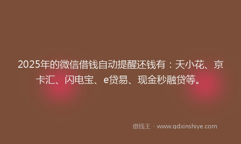 2025年的微信借钱自动提醒还钱有：天小花、京卡汇、闪电宝、e贷易、现金秒融贷等。
