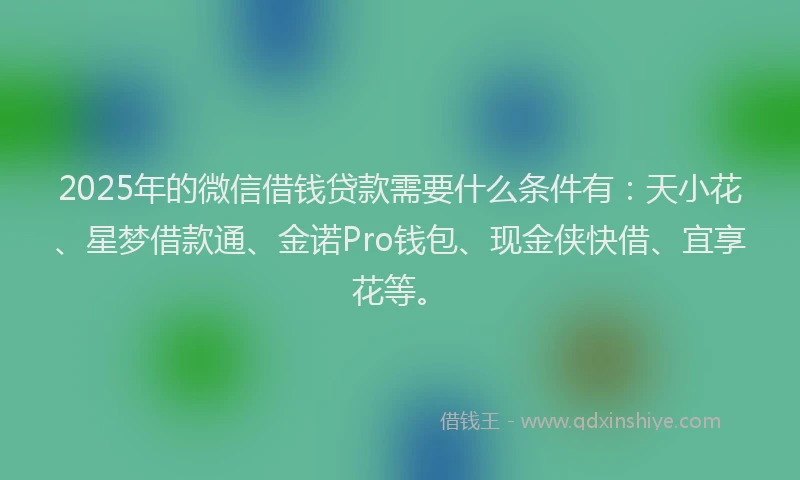 2025年的微信借钱贷款需要什么条件有：天小花、星梦借款通、金诺Pro钱包、现金侠快借、宜享花等。