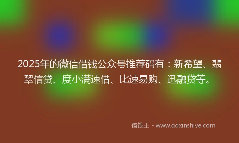 2025年的微信借钱公众号推荐码有：新希望、翡翠信贷、度小满速借、比速易购、迅融贷等。