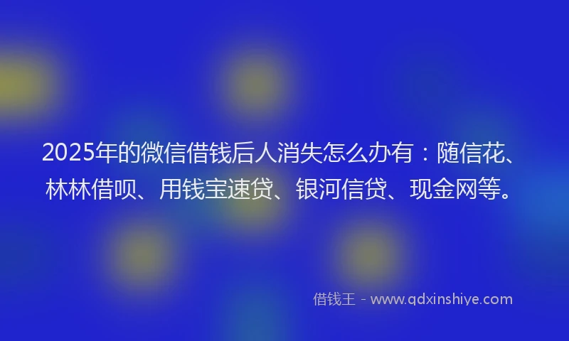 2025年的微信借钱后人消失怎么办有：随信花、林林借呗、用钱宝速贷、银河信贷、现金网等。