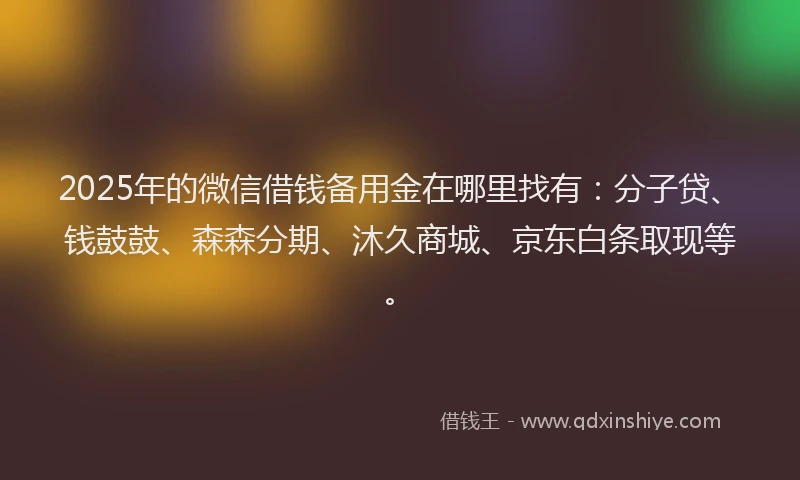 2025年的微信借钱备用金在哪里找有：分子贷、钱鼓鼓、森森分期、沐久商城、京东白条取现等。
