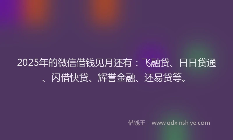 2025年的微信借钱见月还有：飞融贷、日日贷通、闪借快贷、辉誉金融、还易贷等。