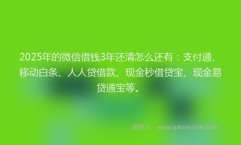 2025年的微信借钱3年还清怎么还有：支付通、移动白条、人人贷借款、现金秒借贷宝、现金易贷通宝等。