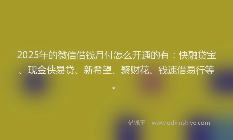 2025年的微信借钱月付怎么开通的有：快融贷宝、现金侠易贷、新希望、聚财花、钱速借易行等。