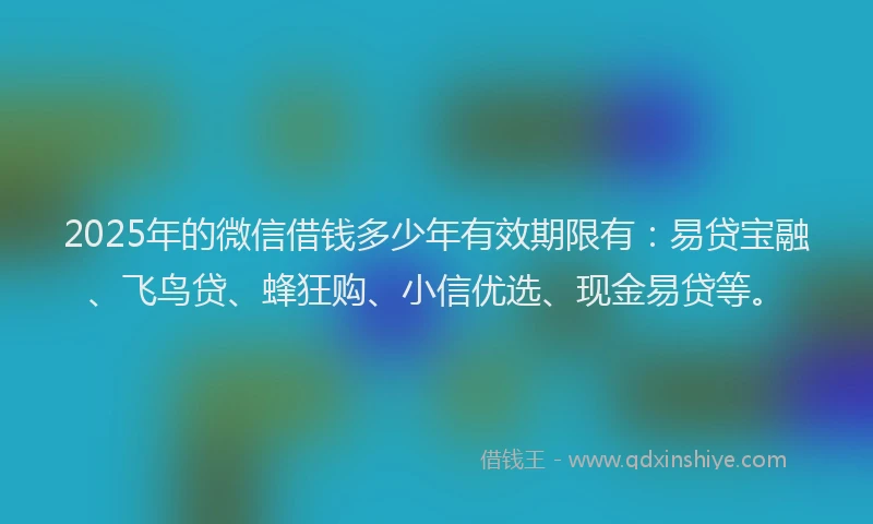 2025年的微信借钱多少年有效期限有：易贷宝融、飞鸟贷、蜂狂购、小信优选、现金易贷等。