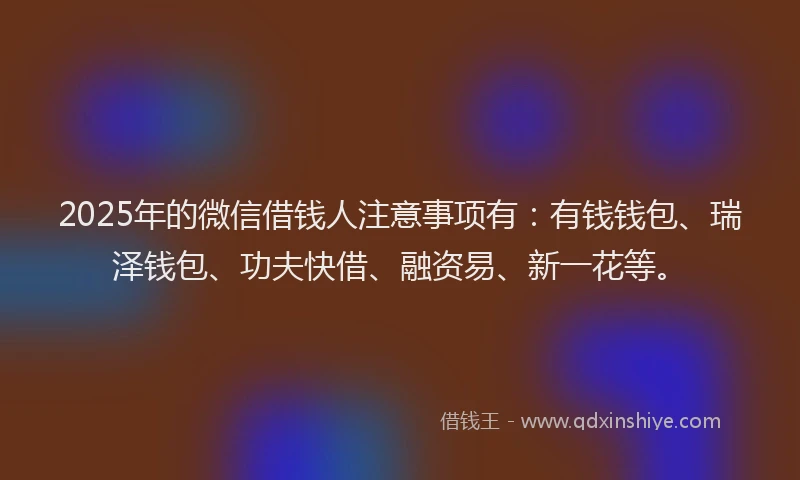 2025年的微信借钱人注意事项有：有钱钱包、瑞泽钱包、功夫快借、融资易、新一花等。