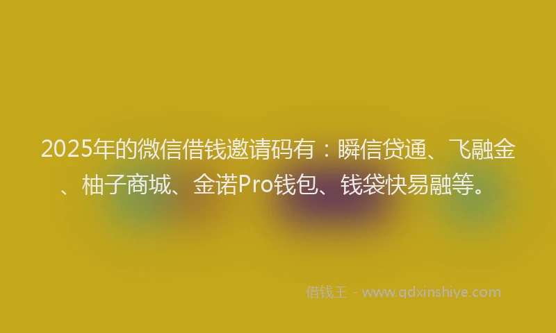 2025年的微信借钱邀请码有：瞬信贷通、飞融金、柚子商城、金诺Pro钱包、钱袋快易融等。