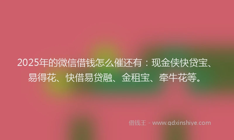 2025年的微信借钱怎么催还有：现金侠快贷宝、易得花、快借易贷融、金租宝、牵牛花等。