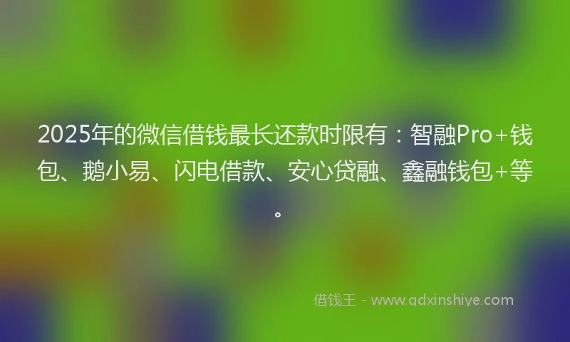 2025年的微信借钱最长还款时限有：智融Pro+钱包、鹅小易、闪电借款、安心贷融、鑫融钱包+等。