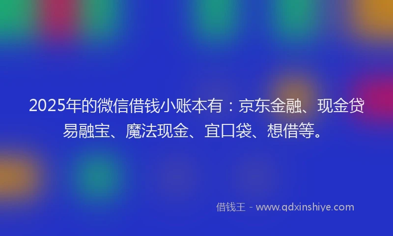 2025年的微信借钱小账本有：京东金融、现金贷易融宝、魔法现金、宜口袋、想借等。